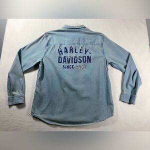 Harley-Davidson Garage Light Wash Slim Fit Blue Denim Long Sleeve Shirt Mens XL